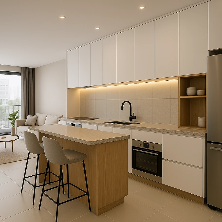 Cozinha pequena integrada à sala de estar com bancada americana como elemento de conexão